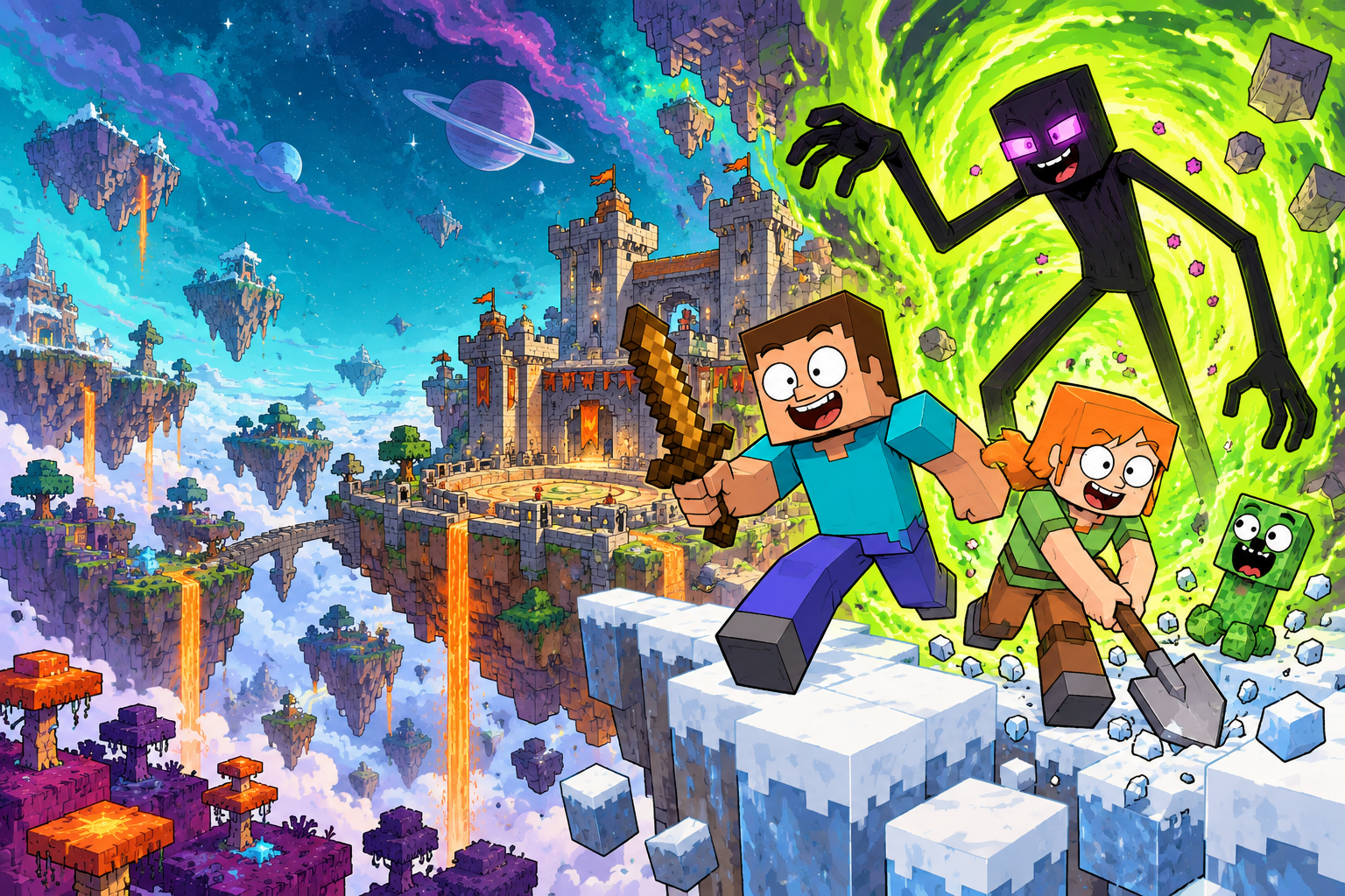 Illustration einer interdimensionalen Minecraft-Landschaft mit blockigen Abenteurern, einer Himmelsburg und einer Spielarena.